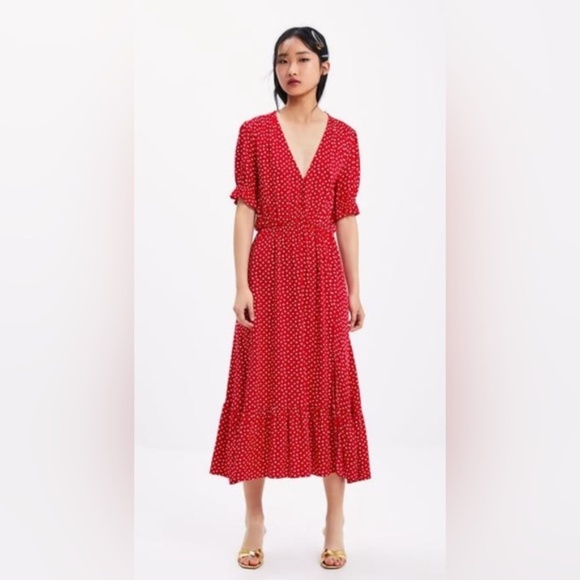 Zara Red Polka Dot Midi Dress SZ Medium - Picture 1 of 8